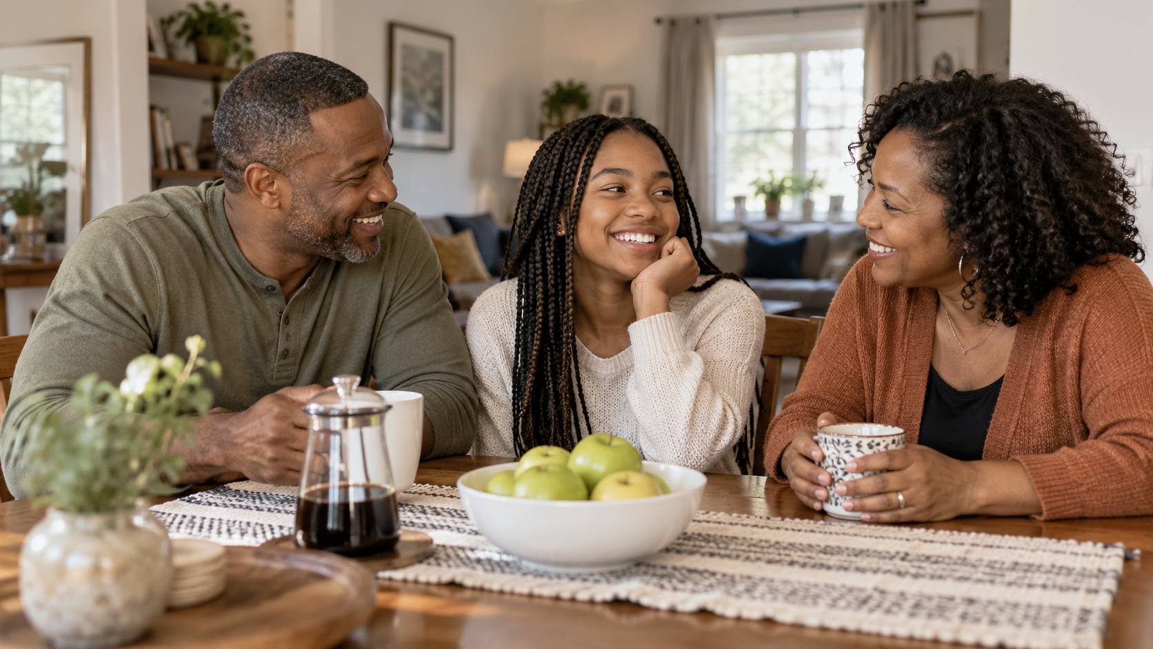 Illustrative image of a family smiling together at a dining table