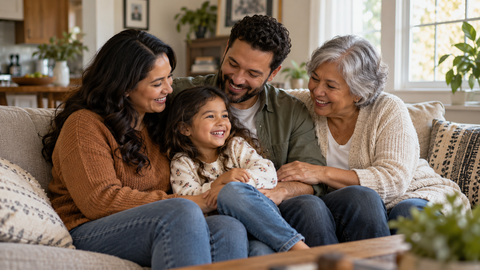 Illustrative image of a multigenerational family smiling together at home
