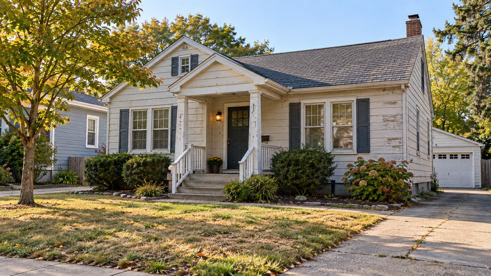 Illustrative image of a house with aging siding and minor exterior repairs