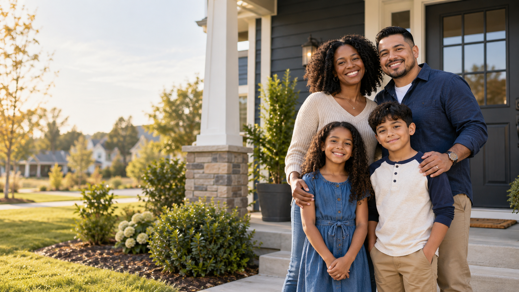 Illustrative image of a family standing together outside a home
