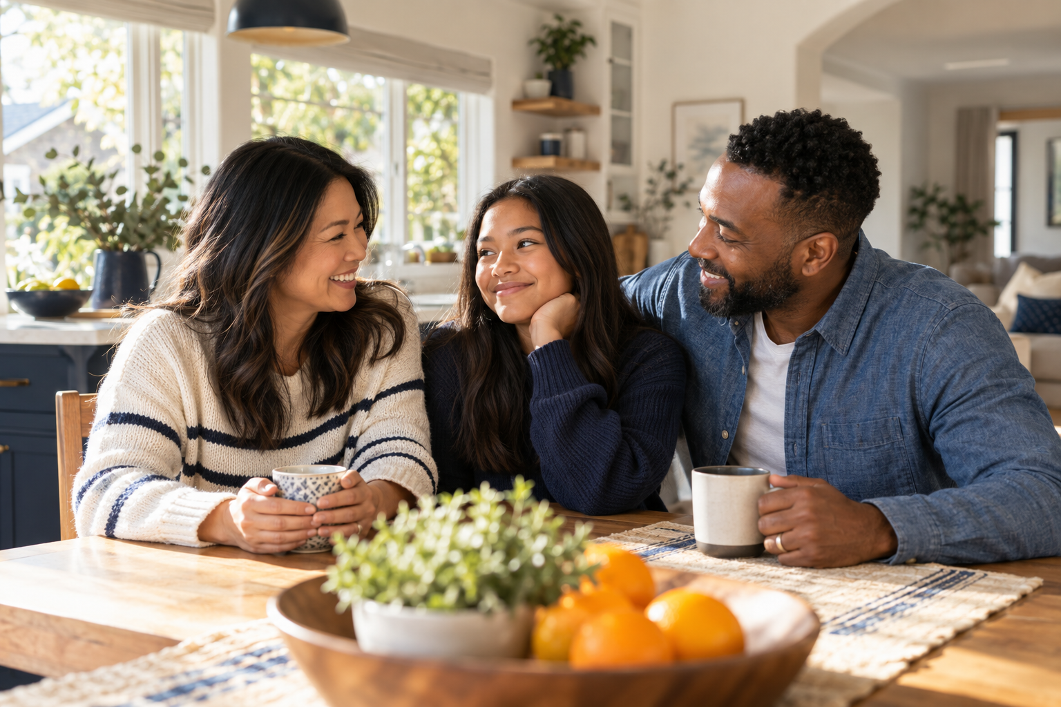 Illustrative image of a family talking together at a kitchen table